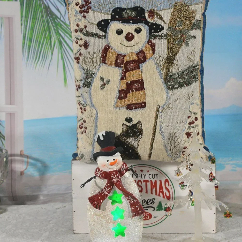 Snowman Pillow with Light Changing Snowman and Acrylic Tree in Box See Video